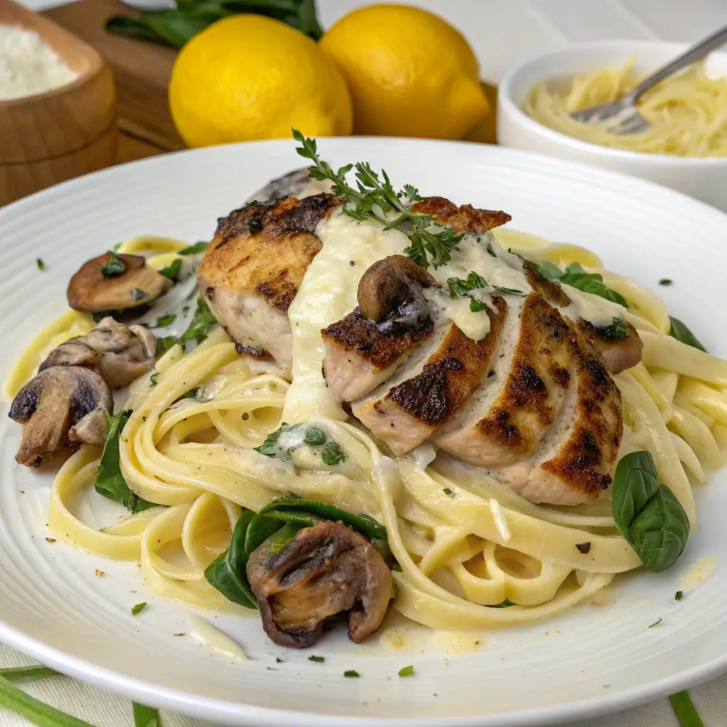 Plated pasta with chicken, mushrooms, and spinach
