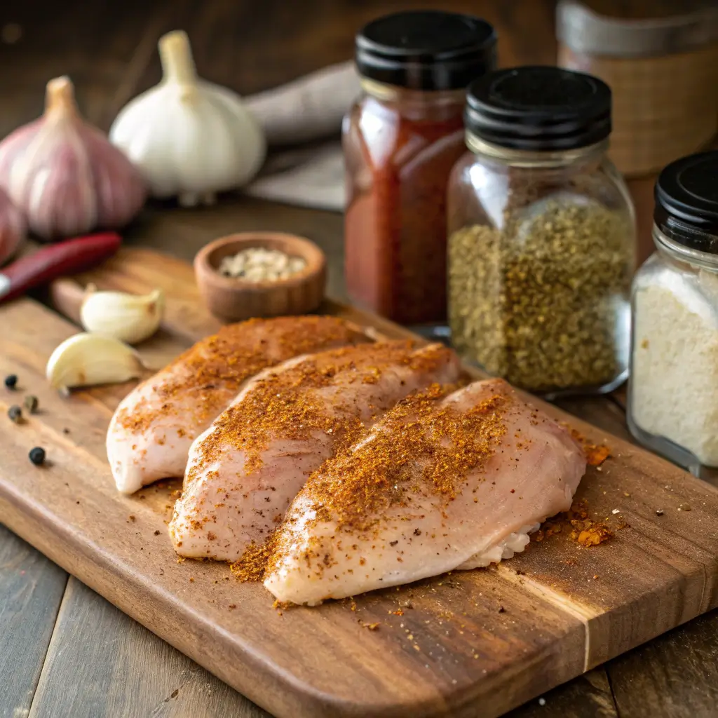 Cajun-spiced raw chicken on cutting board