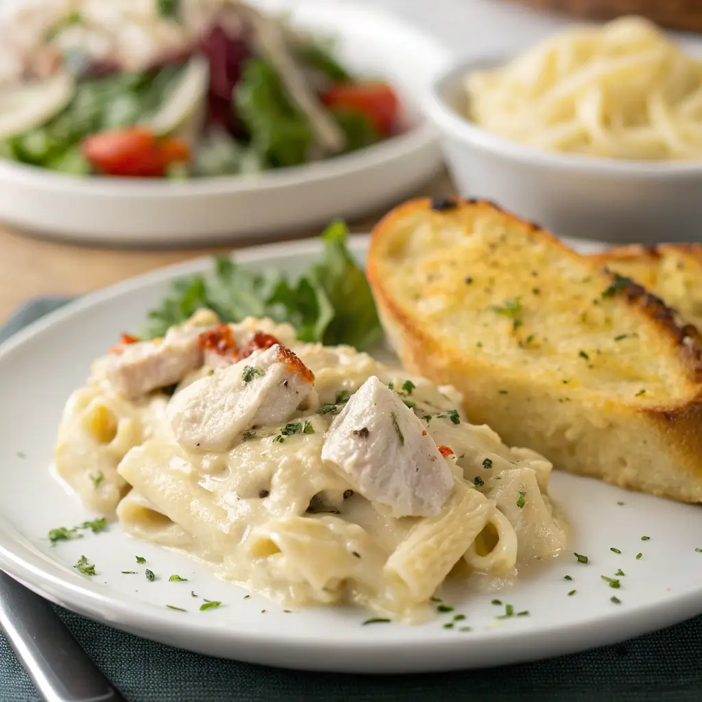 Plated serving of chicken alfredo bake