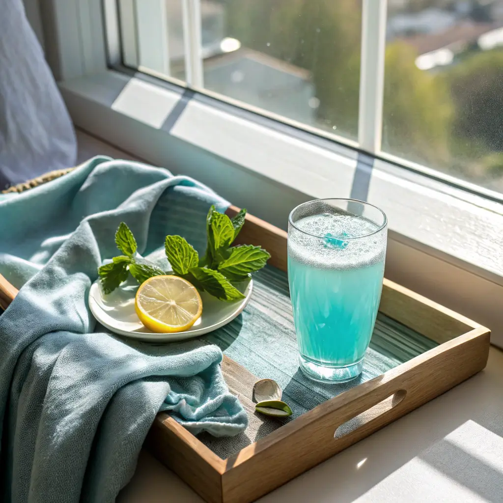 A finished glass of Persian blue saltwater served on a breakfast tray with lemon and mint, placed on a sunlit windowsill in a calm morning setting.