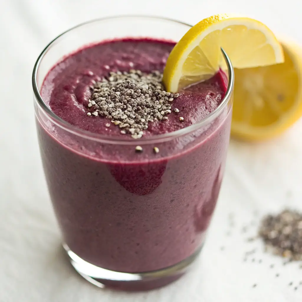 A vibrant Purple Peel smoothie served in a clear glass with a straw, garnished with chia seeds and a lemon slice, placed on a rustic tray with blueberries and a colorful napkin in a bright kitchen setting.