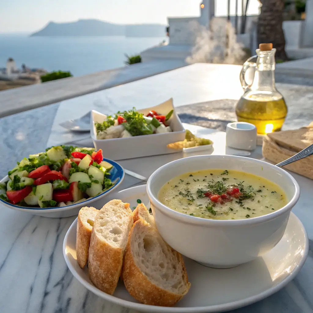 Greek lemon rice soup with salad and bread