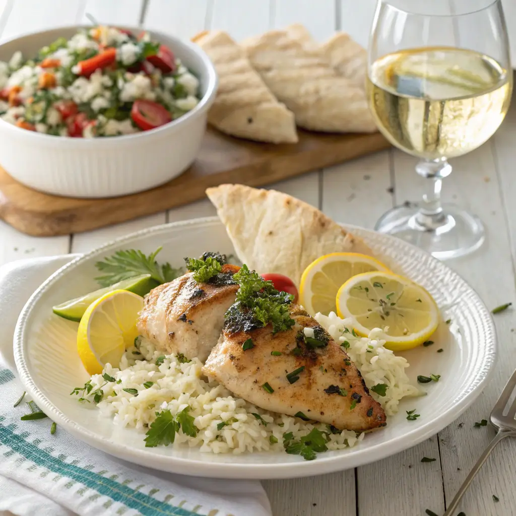 Greek chicken and lemon rice served with salad and pita bread