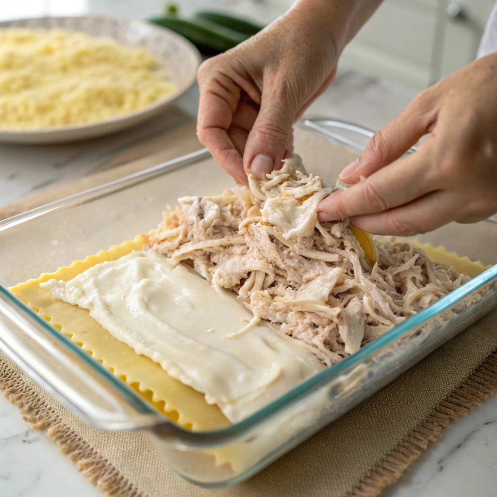 Assembling chicken alfredo lasagna