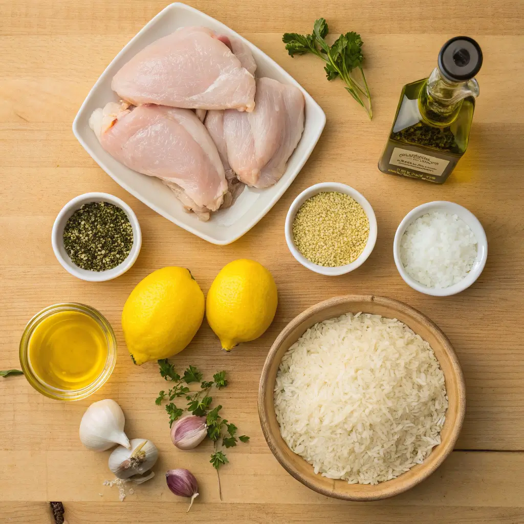 Ingredients for Greek chicken and lemon rice laid out on kitchen counter