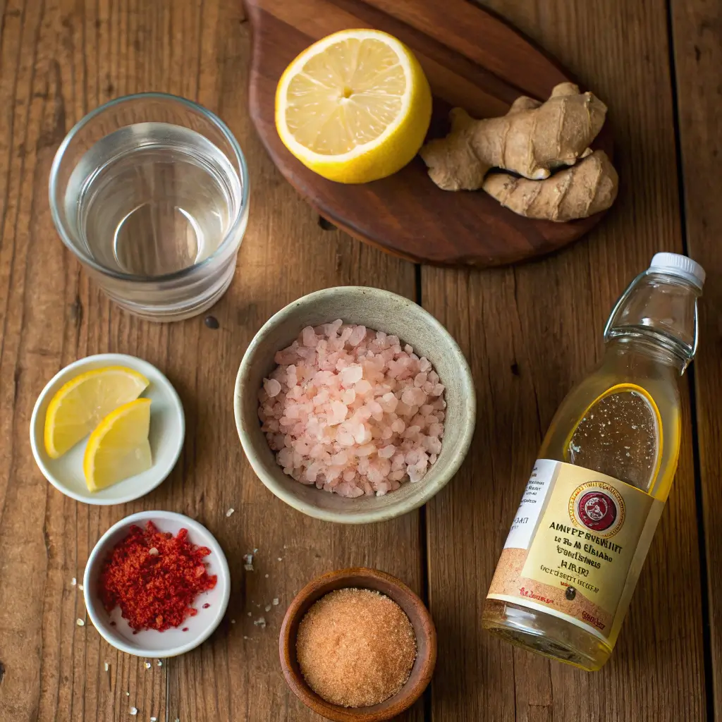 Top-down view of ingredients for the Lipo Glow drink, including Himalayan pink salt, sliced lemon, warm water, grated ginger, apple cider vinegar, and cayenne pepper arranged on a wooden surface.