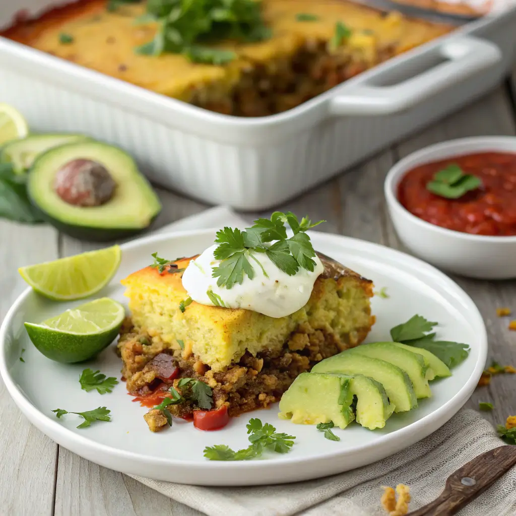 A serving of Mexican cornbread casserole on a white plate, topped with sour cream, avocado slices, and cilantro, with the cornbread layer golden and the filling of meat, beans, and tomatoes visible underneath.