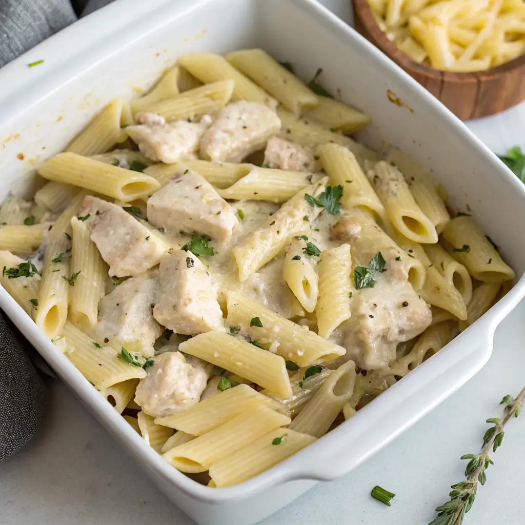 Assembling chicken alfredo bake