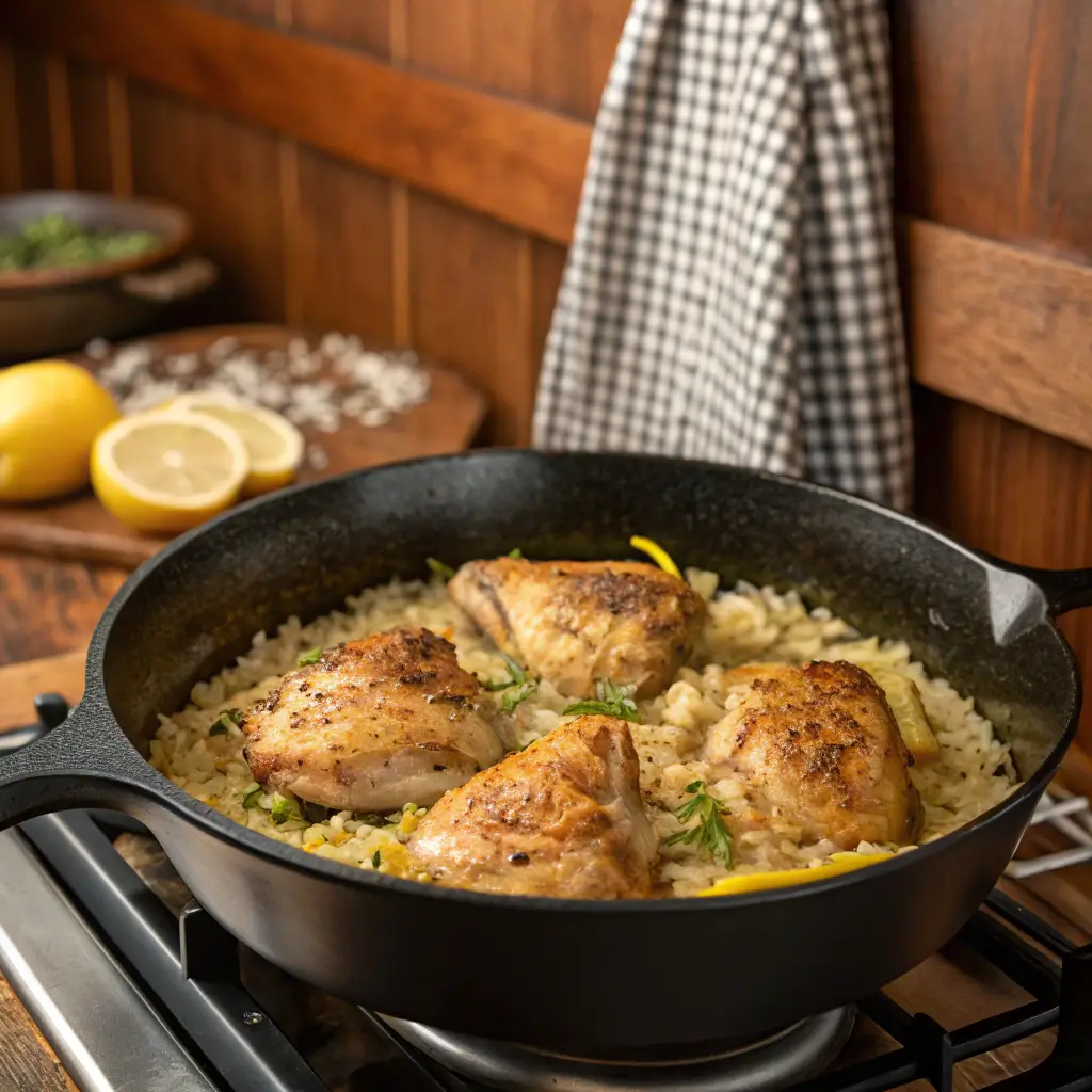 One-pot lemon chicken with rice cooking in skillet