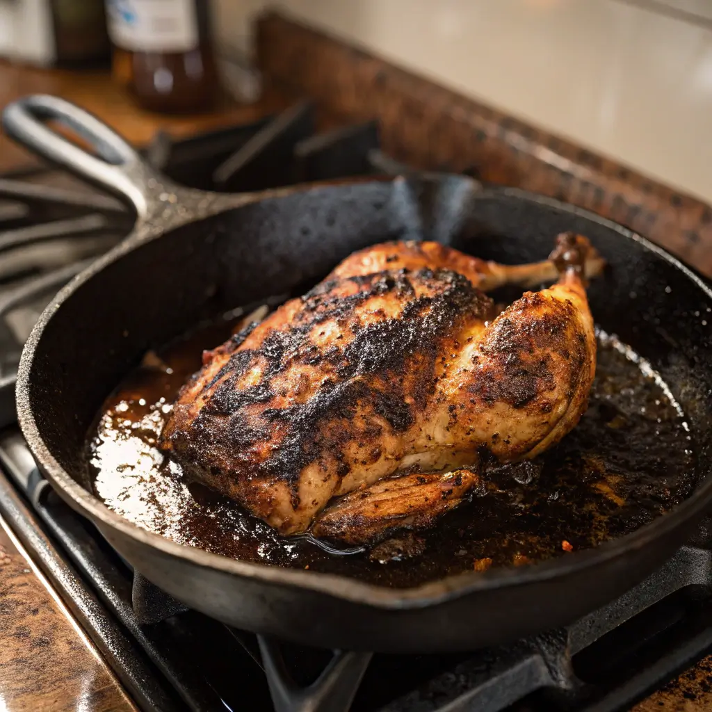 Chicken searing in skillet with steam
