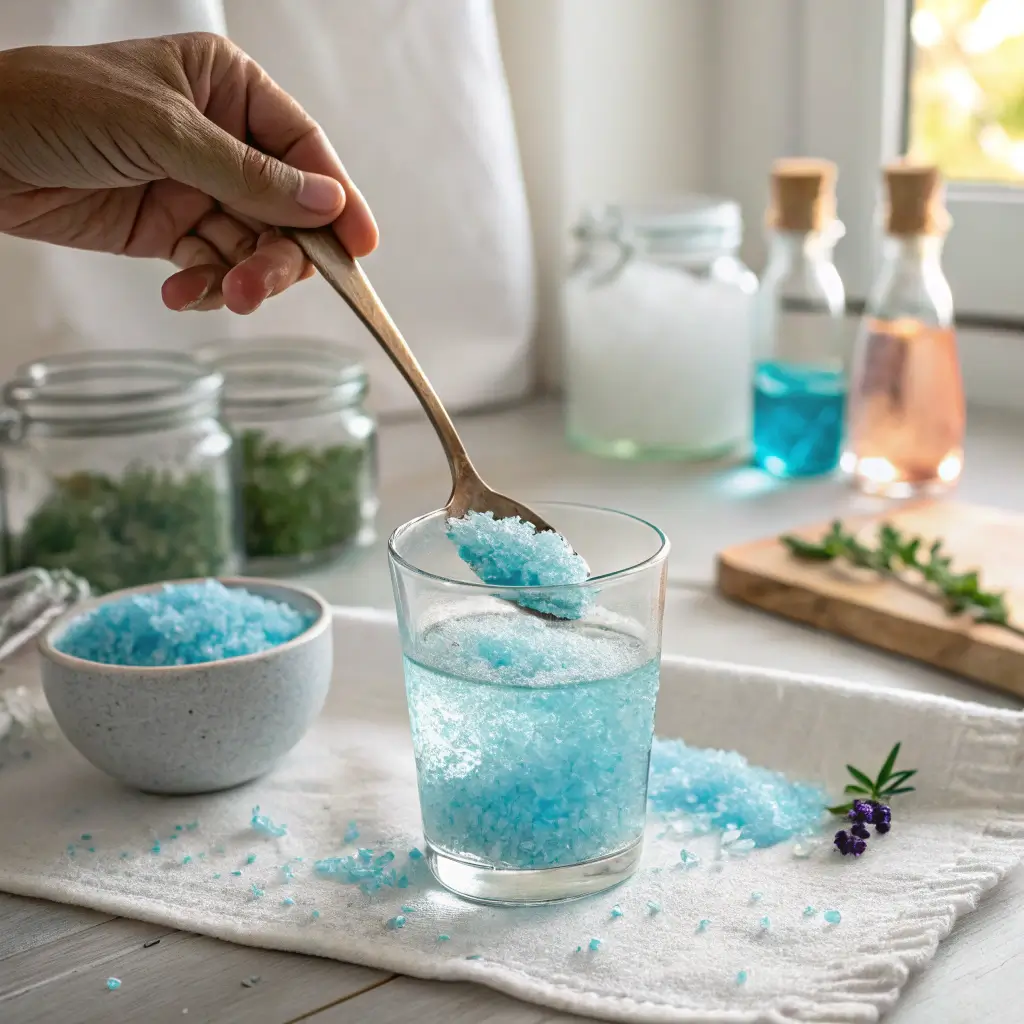 A person stirring Persian blue salt into a glass of water, showing the salt dissolving and turning the liquid light blue in a wellness-themed kitchen setting.